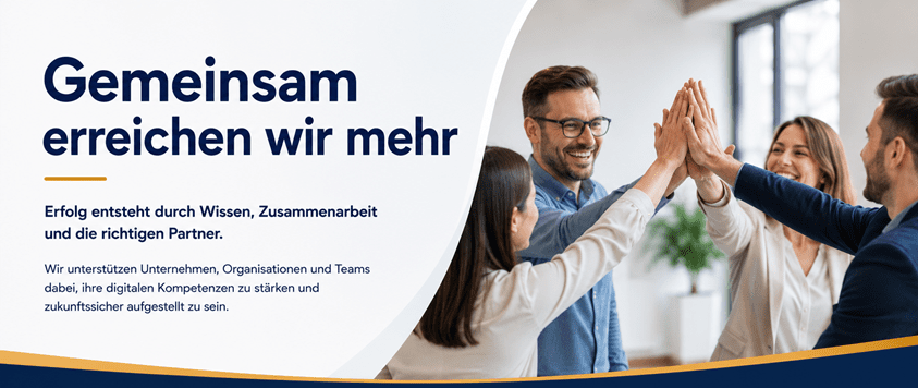 Gemeinsam erreichen wir mehr. Ob praxisnahe Firmenschulung, individueller Workshop oder persönliches Coaching – wir entwickeln gemeinsam mit Ihnen die passende Lösung. Dabei stehen Ihre Ziele, Ihre Mitarbeitenden und der nachhaltige Lernerfolg im Mittelpunkt. Mit langjähriger Erfahrung, verständlicher Wissensvermittlung und persönlicher Betreuung begleiten wir Sie von der ersten Beratung bis zur erfolgreichen Umsetzung.