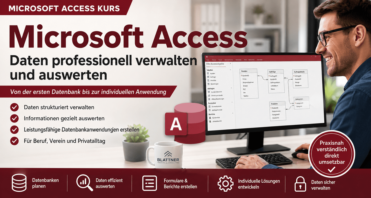 Microsoft Access – Daten professionell verwalten und auswerten Von der ersten Datenbank bis zur individuellen Anwendung Egal, ob Sie Microsoft Access neu kennenlernen, bestehende Datenbanken effizienter nutzen oder eigene Datenbanklösungen entwickeln möchten – bei uns finden Sie die passende Schulung. Lernen Sie, Daten strukturiert zu verwalten, Informationen gezielt auszuwerten und leistungsfähige Datenbankanwendungen für Beruf, Verein oder Privatalltag zu erstellen.