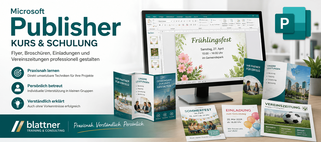 Microsoft Publisher Kurs und Schulung bei Blattner Training & Consulting: Hero-Banner mit einem Bildschirm, auf dem eine gestaltete Frühlingsfest-Einladung in Publisher zu sehen ist, sowie Flyern, Broschüren und einer Vereinszeitung. Hervorgehoben werden praxisnahes Lernen, persönliche Betreuung und verständliche Erklärungen.