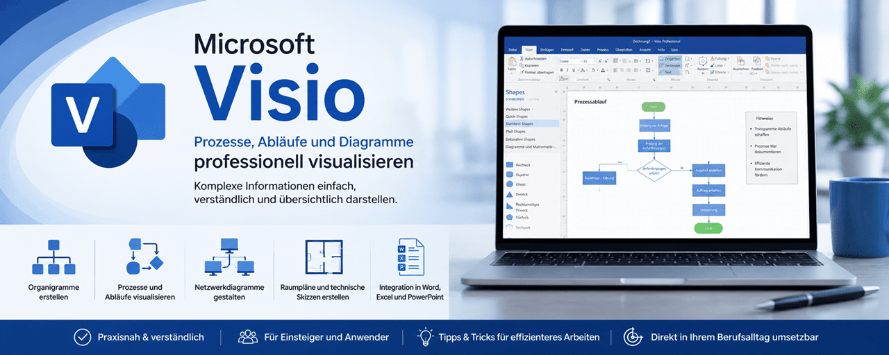 Microsoft Visio – Prozesse, Abläufe und Diagramme professionell visualisieren Komplexe Informationen einfach, verständlich und übersichtlich darstellen Ob Prozessabläufe, Organigramme, Netzwerkpläne oder technische Zeichnungen – Microsoft Visio ist das ideale Werkzeug, um komplexe Zusammenhänge professionell zu visualisieren. In unserer praxisorientierten Schulung lernen Sie Schritt für Schritt, wie Sie aussagekräftige Diagramme erstellen, Informationen verständlich aufbereiten und Ihre Dokumentationen sowie Präsentationen deutlich professioneller gestalten. Ganz gleich, ob Sie Visio neu kennenlernen oder bestehende Kenntnisse erweitern möchten – nach diesem Kurs erstellen Sie strukturierte Diagramme effizient und sicher. ✔ Praxisnah ✔ Für Einsteiger und Anwender ✔ Kleine Gruppen oder Firmenschulung ✔ Individuelle Unterstützung durch erfahrene Kursleiter