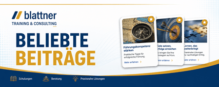 Schmales Banner im Unternehmensdesign von Blattner Training & Consulting mit blau-goldenem Sternsymbol und der Überschrift „Beliebte Beiträge“ auf hellem Hintergrund in den Unternehmensfarben Blau, Gold und Weiss. Das Banner kennzeichnet besonders interessante und häufig gelesene Fachbeiträge im Wissenscenter.