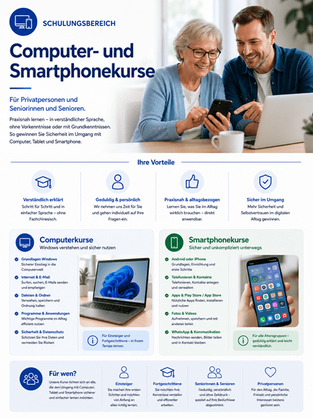 Infografik zum Thema „Computer- und Smartphonekurse“ aus dem Schulungsbereich. Im oberen Bereich ist ein Foto einer älteren Frau und eines jüngeren Mannes zu sehen, die gemeinsam lächelnd auf ein Smartphone und einen Laptop blicken. Darunter gliedert sich die Grafik in Abschnitte zu den Vorteilen (z. B. verständlich erklärt, praxisnah), den Kursinhalten für Computer (Windows) und Smartphones (Android/iPhone) sowie den Zielgruppen wie Einsteiger, Privatpersonen, Seniorinnen und Senioren.