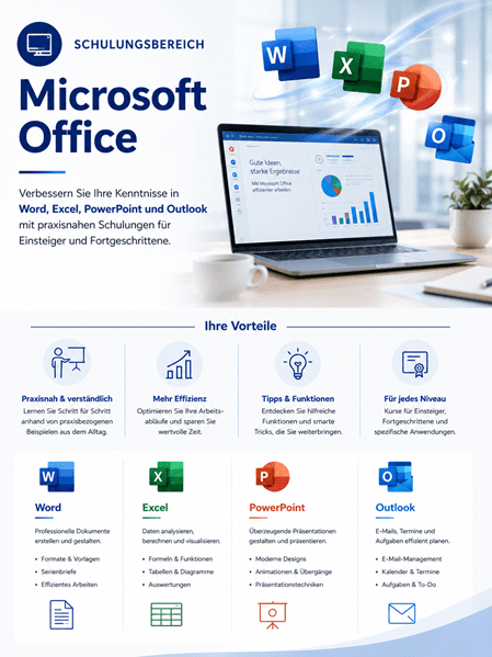 Infografik zum Thema „Microsoft Office“ aus dem Schulungsbereich. Im oberen Teil ist ein geöffneter Laptop mit Diagrammen auf dem Bildschirm zu sehen, über dem die Logos von Word, Excel, PowerPoint und Outlook schweben. Darunter gliedert sich die Grafik in Abschnitte zu den Vorteilen (wie praxisnah & verständlich, mehr Effizienz) und teilt sich im unteren Bereich in vier Spalten auf, die detailliert auf die Kursinhalte der einzelnen Programme Word, Excel, PowerPoint und Outlook eingehen.