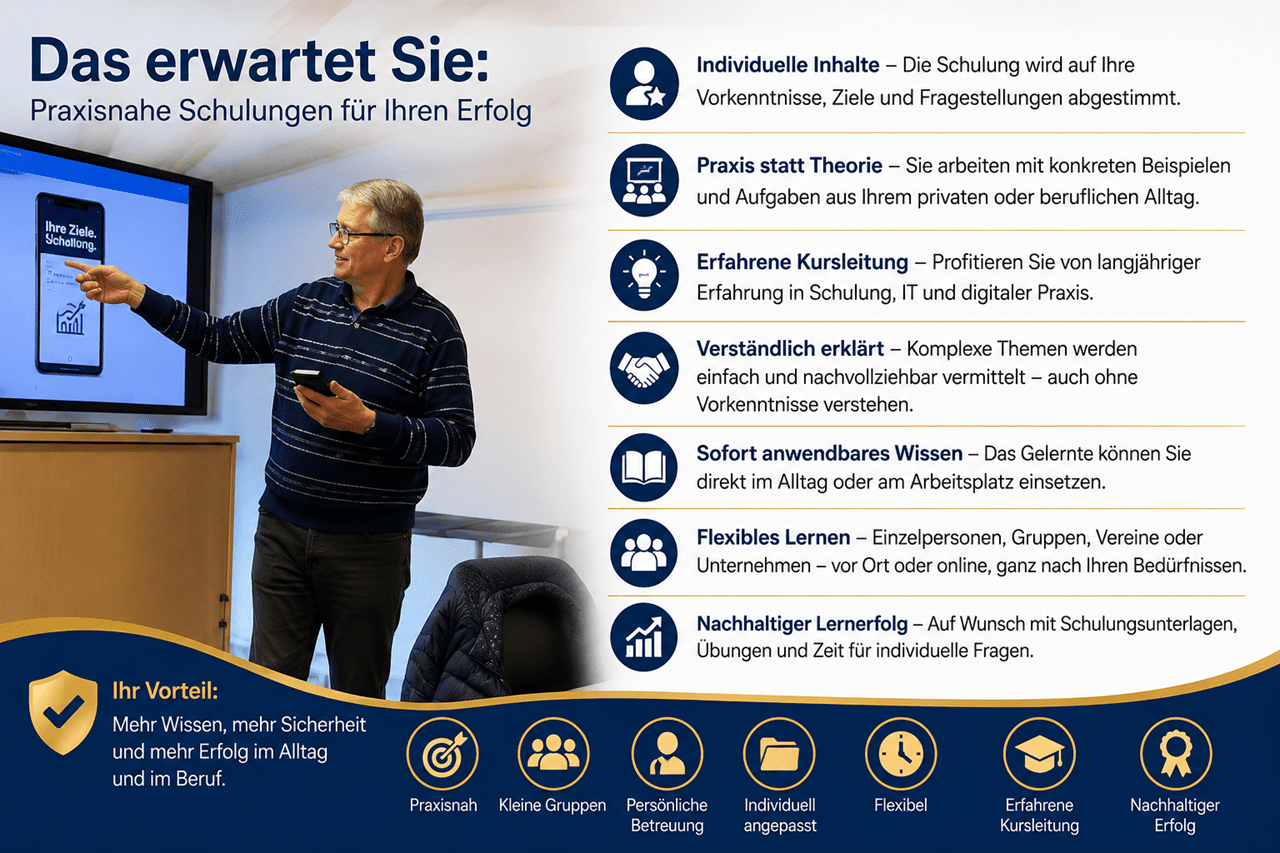 Informationsbanner mit der Überschrift „Das erwartet Sie: Praxisnahe Schulungen für Ihren Erfolg“. Links steht ein Kursleiter vor einem Bildschirm, zeigt auf eine Präsentation mit einem Smartphone und einer Grafik und hält ein Smartphone in der Hand. Rechts werden die wichtigsten Merkmale der Schulungen erläutert: individuelle Inhalte, die auf Vorkenntnisse und Ziele abgestimmt sind, praxisorientiertes Lernen anhand konkreter Beispiele, erfahrene Kursleitung, verständliche Erklärungen auch für Einsteiger, sofort anwendbares Wissen, flexible Schulungsformen für Einzelpersonen, Gruppen, Vereine und Unternehmen sowie nachhaltiger Lernerfolg durch Schulungsunterlagen, Übungen und Zeit für Fragen. Im unteren Bereich hebt ein Schild den Nutzen hervor: „Mehr Wissen, mehr Sicherheit und mehr Erfolg im Alltag und im Beruf.“ Ergänzend werden die Vorteile der Schulungen mit Symbolen dargestellt: praxisnah, kleine Gruppen, persönliche Betreuung, individuell angepasst, flexibel, erfahrene Kursleitung und nachhaltiger Lernerfolg. Das moderne Design in Blau-, Weiss- und Goldtönen vermittelt Kompetenz, persönliche Betreuung und praxisorientierte Weiterbildung.