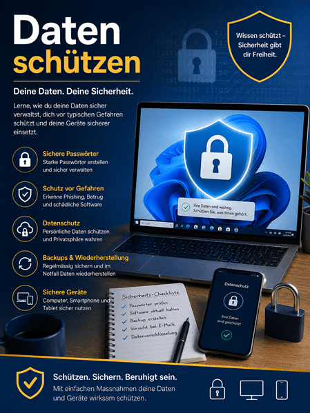 Titelbild zum Kurs „Daten schützen“ mit Laptop und Smartphone sowie Symbolen für Datenschutz und Sicherheit. Thematisiert werden sichere Passwörter, Schutz vor Phishing und Schadsoftware, Datenschutz, Backups und die sichere Nutzung von Computer, Smartphone und Tablet.