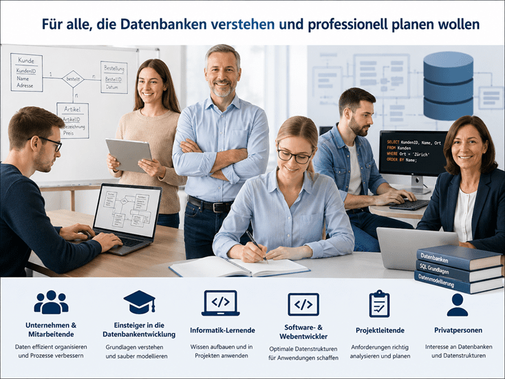 Eine vielfältige Gruppe von Kursteilnehmenden arbeitet gemeinsam an der Planung relationaler Datenbanken. Zu sehen sind Mitarbeitende aus Unternehmen, Informatik-Lernende, Software- und Webentwickler, Projektleitende sowie interessierte Privatpersonen. Im Hintergrund sind Entity-Relationship-Diagramme, SQL-Code und Datenbanksymbole dargestellt, welche die Themen Datenbankmodellierung, Datenbankentwurf und relationale Datenbanken veranschaulichen. Am unteren Bildrand werden die verschiedenen Zielgruppen des Kurses mit Symbolen und kurzen Beschreibungen übersichtlich dargestellt. Das Bild vermittelt eine moderne, praxisnahe Lernatmosphäre für den Kurs «Datenbankmodellierung – Die Grundlage jeder erfolgreichen Datenbank».
