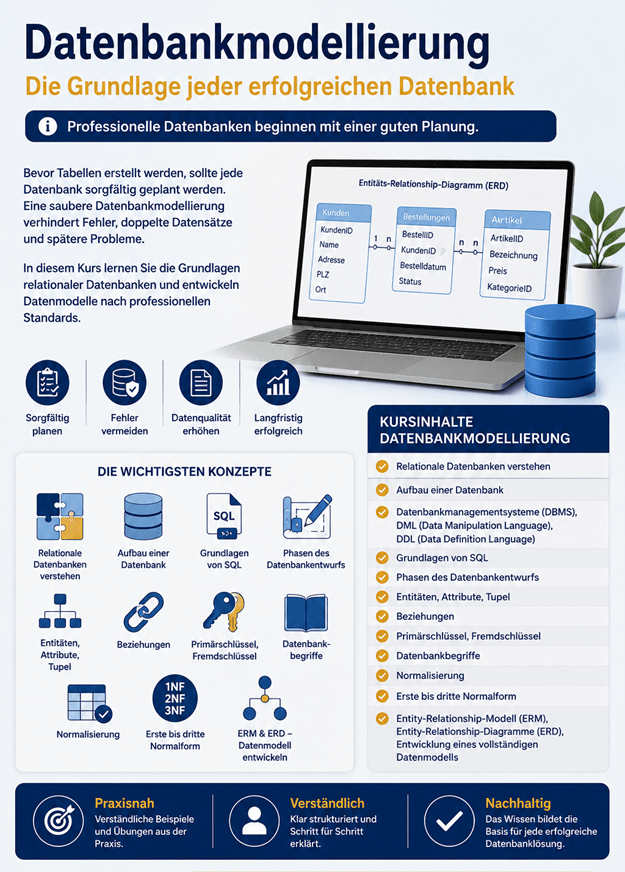 Hochformatige Infografik zum Kurs «Datenbankmodellierung – Die Grundlage jeder erfolgreichen Datenbank» von Blattner Training & Consulting. Im oberen Bereich wird hervorgehoben, dass professionelle Datenbanken mit einer sorgfältigen Planung beginnen. Die Grafik erklärt, dass eine saubere Datenbankmodellierung Fehler, doppelte Datensätze und spätere Probleme verhindert. Ein Laptop mit einem Entity-Relationship-Diagramm (ERD) veranschaulicht die Beziehungen zwischen Kunden, Bestellungen und Artikeln. Ergänzend werden die wichtigsten Ziele einer professionellen Datenbankmodellierung dargestellt: sorgfältig planen, Fehler vermeiden, Datenqualität erhöhen und langfristig erfolgreich arbeiten. Im Bereich «Die wichtigsten Konzepte» werden relationale Datenbanken, der Aufbau einer Datenbank, SQL-Grundlagen, die Phasen des Datenbankentwurfs, Entitäten und Attribute, Beziehungen, Primär- und Fremdschlüssel, Datenbankbegriffe, Normalisierung sowie die erste bis dritte Normalform dargestellt. Zusätzlich wird die Entwicklung eines Entity-Relationship-Modells (ERM) und eines Entity-Relationship-Diagramms (ERD) hervorgehoben. Eine separate Übersicht «Kursinhalte Datenbankmodellierung» fasst die Themen des Kurses zusammen, darunter relationale Datenbanken, DBMS, DML, DDL, SQL, Datenbankentwurf, Entitäten, Beziehungen, Schlüssel, Normalisierung und die Entwicklung eines vollständigen Datenmodells. Im unteren Bereich werden die Kursvorteile «Praxisnah», «Verständlich» und «Nachhaltig» hervorgehoben. Eine abschliessende Handlungsaufforderung lädt dazu ein, sich anzumelden und die Grundlage für professionelle Datenbanken zu schaffen.