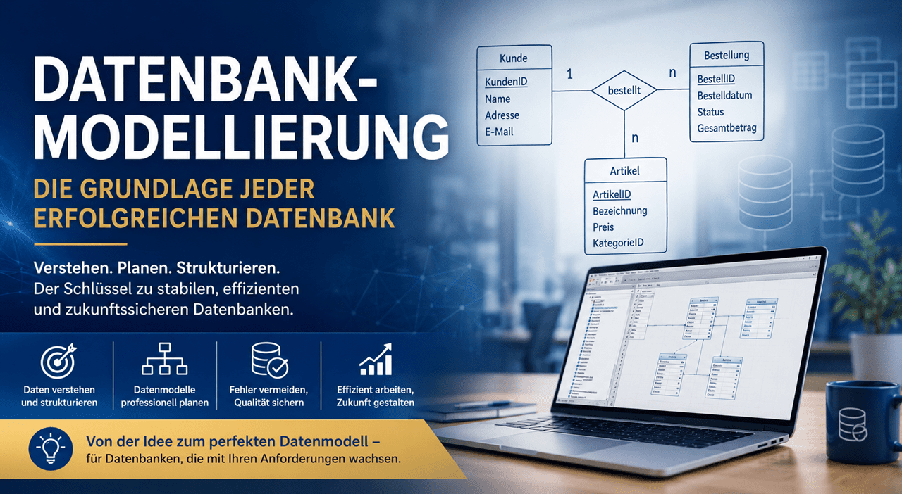 Modernes Hero-Banner für den Kurs «Datenbankmodellierung – Die Grundlage jeder erfolgreichen Datenbank». Links steht der Kurstitel in grossen weissen und goldenen Buchstaben auf dunkelblauem Hintergrund. Darunter wird der Nutzen des Kurses mit dem Leitsatz «Verstehen. Planen. Strukturieren.» sowie dem Hinweis auf stabile, effiziente und zukunftssichere Datenbanken hervorgehoben. Im rechten Bereich sind ein Entity-Relationship-Diagramm (ERD), stilisierte Datenbanksymbole sowie ein Notebook mit einem Datenmodell dargestellt. Eine Symbolleiste verdeutlicht die Kursziele: Daten verstehen und strukturieren, Datenmodelle professionell planen, Fehler vermeiden sowie effizient und zukunftssicher arbeiten. Ein goldener Informationsbalken am unteren Bildrand betont den Weg von der ersten Idee bis zum professionellen Datenmodell. Das Banner vermittelt Kompetenz, Struktur und den praxisnahen Einstieg in die professionelle Datenbankmodellierung.