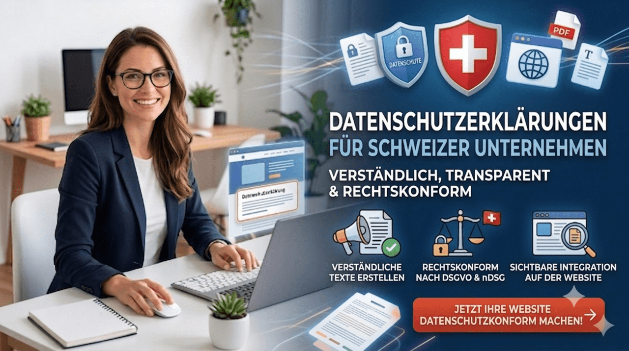 Datenschutzerklärungen im Internet Schweizer Unternehmen müssen eine transparente Datenbearbeitungspolitik betreiben, indem sie eine für die Nutzenden verständliche Datenschutzerklärung verfassen und diese auf ihrer Website einblenden