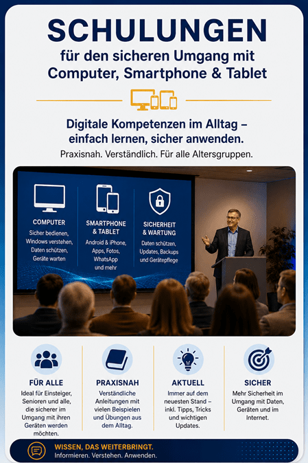 Schulungen für den sicheren Umgang mit Computer, Smartphone und Tablet – praxisnahe und verständliche Kurse zu Computer, mobilen Geräten, Sicherheit und Wartung für Einsteiger und alle Altersgruppen.