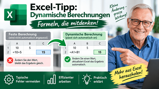 Excel-Tipp „Dynamische Berechnungen“: Vergleich einer festen und einer dynamischen Excel-Formel mit Beispieltabelle, Hinweis auf automatische Anpassung der Ergebnisse und Tipps für effizienteres Arbeiten.
