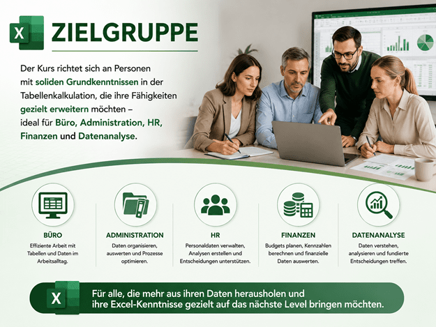 Infografik „Zielgruppe“ für eine Excel-Schulung. Der Kurs richtet sich an Personen mit soliden Grundkenntnissen in Tabellenkalkulation, die ihre Excel-Fähigkeiten gezielt erweitern möchten. Als Einsatzbereiche werden Büro, Administration, HR, Finanzen und Datenanalyse dargestellt. Die Grafik zeigt Mitarbeitende bei der gemeinsamen Arbeit mit Excel sowie passende Symbole für die fünf Einsatzbereiche. Ein grüner Hinweis hebt hervor, dass der Kurs dabei unterstützt, mehr aus Daten herauszuholen und Excel-Kenntnisse gezielt weiterzuentwickeln.