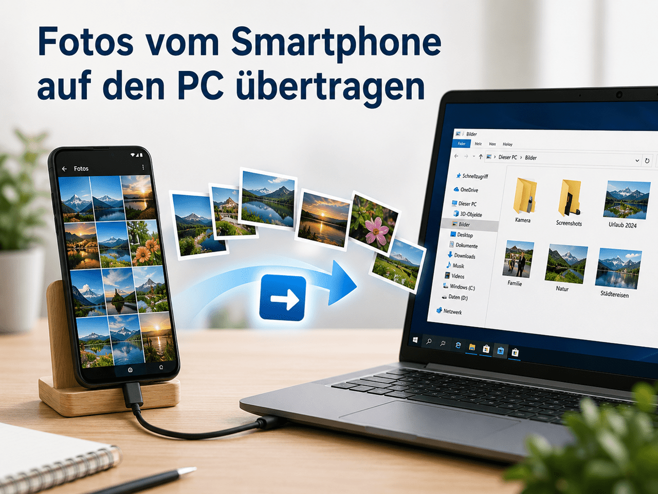 Smartphone per USB-Kabel mit einem Windows-Laptop verbunden, während Fotos aus der Galerie auf den PC übertragen werden – Symbolbild für das Sichern und Übertragen von Bildern vom Smartphone auf den Computer. 