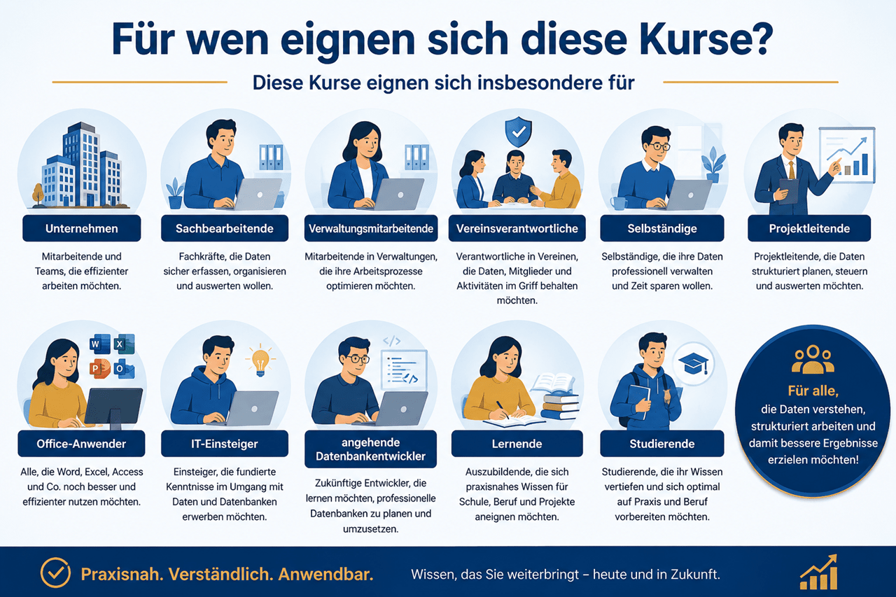Moderne Infografik mit dem Titel «Für wen eignen sich diese Kurse?». Die Grafik zeigt die verschiedenen Zielgruppen für Kurse im Bereich Datenbankmodellierung und Microsoft Access in einer übersichtlichen Kachelstruktur mit Illustrationen. Dargestellt werden Unternehmen, Sachbearbeitende, Verwaltungsmitarbeitende, Vereinsverantwortliche, Selbständige, Projektleitende, Office-Anwender, IT-Einsteiger, angehende Datenbankentwickler, Lernende und Studierende. Jede Zielgruppe wird durch eine passende Illustration sowie eine kurze Beschreibung ergänzt. Ein hervorgehobener Kreis auf der rechten Seite fasst die Kernaussage zusammen: Die Kurse eignen sich für alle, die Daten besser verstehen, strukturiert arbeiten und effizientere Ergebnisse erzielen möchten. Eine blaue Fussleiste unterstreicht die Kursphilosophie mit den Aussagen «Praxisnah. Verständlich. Anwendbar.» sowie «Wissen, das Sie weiterbringt – heute und in Zukunft.». Die Infografik vermittelt einen professionellen Überblick über die vielfältigen Zielgruppen der Datenbank- und Access-Schulungen.