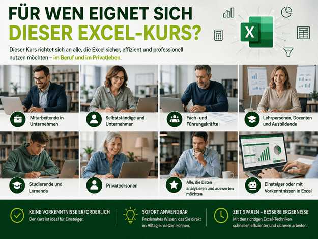 Infografik „Für wen eignet sich dieser Excel-Kurs?“ mit acht Zielgruppen: Mitarbeitende in Unternehmen, Selbstständige und Unternehmer, Fach- und Führungskräfte, Lehrpersonen und Ausbildende, Studierende und Lernende, Privatpersonen, Personen mit Interesse an Datenanalyse sowie Excel-Einsteiger. Die Grafik zeigt einen zentralen Excel-Bereich mit Diagramm-, Tabellen-, Filter- und Rechenfunktionen. Im unteren Bereich werden die Vorteile hervorgehoben: keine Vorkenntnisse erforderlich, sofort anwendbar sowie Zeit sparen und bessere Ergebnisse erzielen.