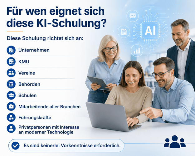 Infografik zur KI-Schulung für Unternehmen, KMU, Vereine, Behörden, Schulen, Mitarbeitende, Führungskräfte und Privatpersonen. Eine Gruppe von Personen arbeitet gemeinsam an einem Laptop mit KI-Symbolen im Hintergrund. Die Grafik weist darauf hin, dass keine Vorkenntnisse erforderlich sind.