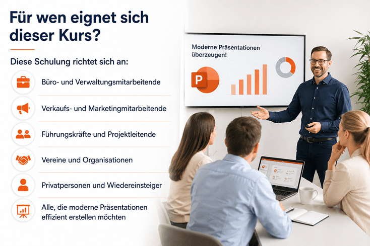 Für wen eignet sich der PowerPoint-Kurs? Die Schulung richtet sich an Büro- und Verwaltungsmitarbeitende, Verkaufs- und Marketingmitarbeitende, Führungskräfte und Projektleitende, Vereine und Organisationen, Privatpersonen und Wiedereinsteiger sowie alle, die moderne Präsentationen effizient erstellen möchten. Dargestellt ist eine Präsentationssituation mit Trainer und Teilnehmenden.