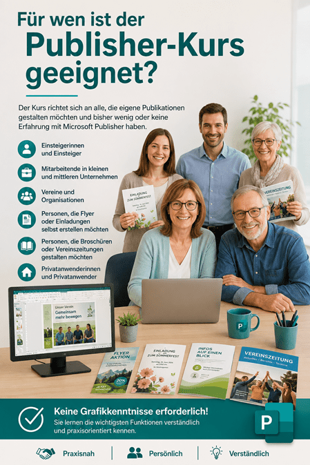 Hochformatige Grafik zur Frage „Für wen ist der Publisher-Kurs geeignet?“. Eine vielfältige Gruppe von Einsteigerinnen und Einsteigern, Mitarbeitenden aus Unternehmen, Vereinsmitgliedern und Privatanwendern arbeitet mit Microsoft Publisher. Dargestellt sind typische Publikationen wie Flyer, Einladungen, Informationsblätter und Vereinszeitungen. Hinweis: „Keine Grafikkenntnisse erforderlich!“; die Schulung steht für praxisnahes, persönliches und verständliches Lernen.