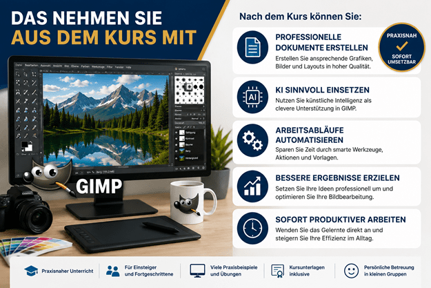 Infografik zum GIMP-Kurs: Ein moderner Arbeitsplatz mit GIMP auf dem Bildschirm sowie Kamera, Grafiktablett und Farbpalette symbolisiert die kreative Bildbearbeitung. Rechts werden die Lernergebnisse des Kurses vorgestellt: professionelle Dokumente erstellen, KI sinnvoll einsetzen, Arbeitsabläufe automatisieren, bessere Ergebnisse erzielen und sofort produktiver arbeiten. Unten werden praxisnaher Unterricht, Übungen, Kursunterlagen und persönliche Betreuung hervorgehoben.