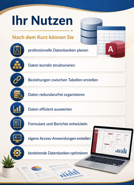 Microsoft Access Kurs – Ihr Nutzen: professionelle Datenbanken planen, Daten korrekt strukturieren, Tabellenbeziehungen erstellen, Daten redundanzfrei organisieren, Informationen effizient auswerten, Formulare und Berichte entwickeln, eigene Access-Anwendungen erstellen und bestehende Datenbanken optimieren. Praxisnah, verständlich und direkt anwendbar.