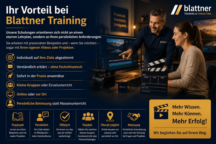 Modernes Werbebild im Blau-Gold-Design von Blattner Training & Consulting mit der Überschrift „Ihr Vorteil bei Blattner Training“. Die Grafik stellt die wichtigsten Vorteile der praxisnahen Filmbearbeitungsschulungen in den Mittelpunkt und zeigt eine persönliche Lernsituation in angenehmer Atmosphäre. Auf der rechten Bildhälfte unterstützt ein Kursleiter eine Teilnehmerin direkt an einem Arbeitsplatz mit professioneller Videoschnittsoftware. Auf dem Monitor ist ein Videoprojekt mit Zeitleiste geöffnet. Auf dem Tisch befinden sich eine Videokamera, ein Mikrofon, eine Filmklappe sowie weiteres Filmequipment, wodurch der praxisorientierte Charakter der Schulung unterstrichen wird. Beide Personen arbeiten konzentriert und mit Freude an einem eigenen Videoprojekt. Auf der linken Seite wird erklärt, dass sich die Schulungen nicht an einem starren Lehrplan orientieren, sondern individuell auf die persönlichen Anforderungen der Teilnehmenden abgestimmt werden. Dabei können auf Wunsch sogar eigene Videos oder Projekte in den Unterricht integriert werden. Die wichtigsten Vorteile werden mit Symbolen hervorgehoben: Individuell auf Ihre Ziele abgestimmt Verständlich erklärt – ohne Fachchinesisch Sofort in der Praxis anwendbar Kleine Gruppen oder Einzelunterricht Online oder vor Ort Persönliche Betreuung statt Massenunterricht Im unteren Bereich fasst eine Symbolleiste weitere Vorteile zusammen: praxisnahes Lernen mit echten Projekten, persönliche Betreuung, effizientes Lernen, flexible Schulungsformen, Teilnahme online oder vor Ort sowie persönliche Unterstützung auch nach der Schulung. Rechts unten befindet sich ein auffälliger goldener Informationsblock mit einer Filmklappe und dem Slogan „Mehr Wissen. Mehr Können. Mehr Erfolg! – Wir begleiten Sie auf Ihrem Weg.“. Das Logo von Blattner Training & Consulting ist oben rechts platziert. Das moderne Blau-Gold-Design vermittelt Professionalität, persönliche Betreuung und den hohen Praxisbezug der Filmbearbeitungsschulungen.