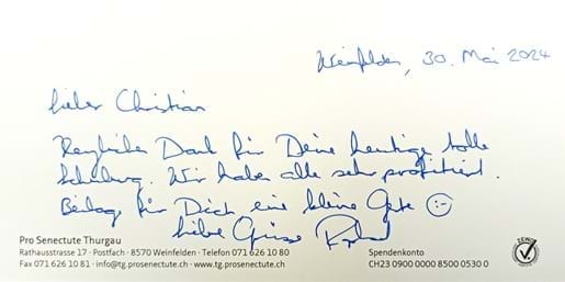 Dankesschreiben von Raphael Herzog Geschäftsführer Pro Senectute Thurgau