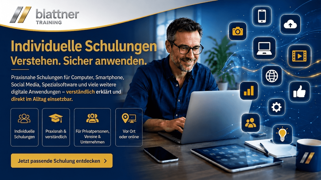 Hero-Banner für individuelle Schulungen zu digitalen Anwendungen. Eine Person arbeitet an einem Notebook, daneben liegen Smartphone und Tablet. Rundherum schweben Symbole für Computer, Social Media, Cloud, Video, Smartphone und digitale Werkzeuge. Das Banner vermittelt moderne, praxisnahe IT-Schulungen für Privatpersonen, Vereine und Unternehmen im typischen Blau-Gold-Design von Blattner Training & Consulting.