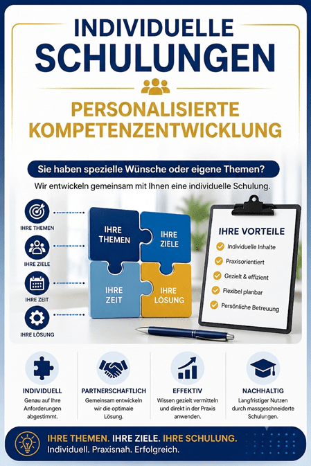 Infografik für „Individuelle Schulungen – Personalisierte Kompetenzentwicklung“ mit Puzzleteilen zu den Themen Anforderungen, Ziele, Zeit und Lösung sowie eine Vorteilsliste auf einem Klemmbrett.