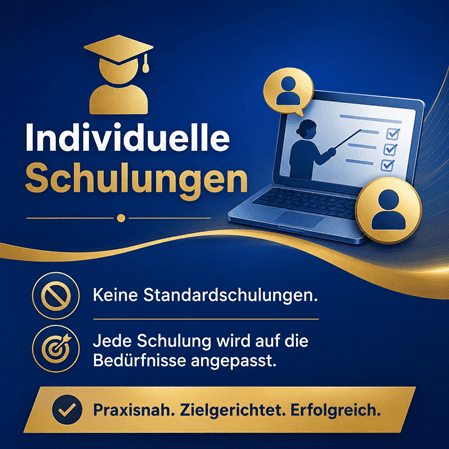 Individuelle Schulungen in Blau und Gold mit Laptop und Schulungssymbolen. Keine Standardschulungen – jede Schulung wird individuell auf die Bedürfnisse der Teilnehmenden angepasst. Praxisnah, zielgerichtet und erfolgreich.