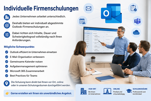 Individuelle Outlook-Firmenschulungen von Blattner Training & Consulting – praxisnahe Schulungen zu E-Mail-Organisation, Kalender, Aufgabenmanagement und Microsoft 365, vor Ort, online oder in den Schulungsräumen.