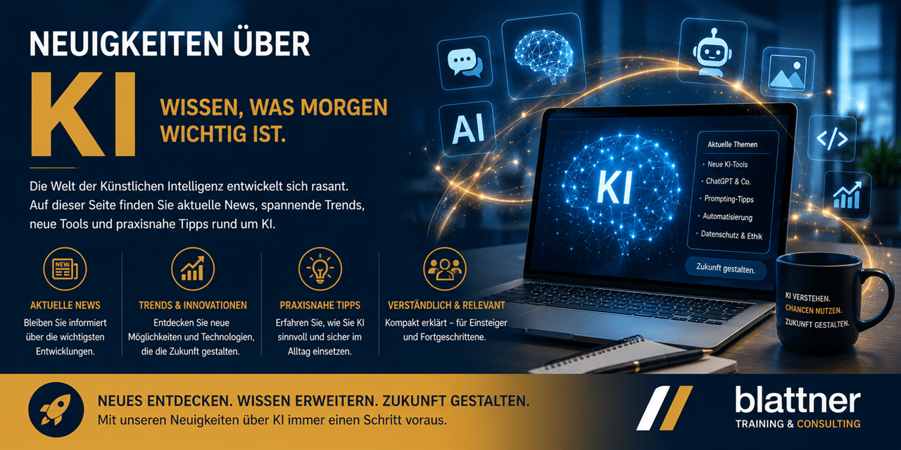 Werbebanner von blattner TRAINING & CONSULTING zum Thema Künstliche Intelligenz. Links steht der große Text „NEUIGKEITEN ÜBER KI – WISSEN, WAS MORGEN WICHTIG IST.“ gefolgt von einem kurzen Einleitungstext über Trends und Tools. Darunter befinden sich vier Symbole mit den Beschriftungen „AKTUELLE NEWS“, „TRENDS & INNOVATIONEN“, „PRAXISNAHE TIPPS“ und „VERSTÄNDLICH & RELEVANT“. Auf der rechten Seite steht ein geöffneter Laptop auf einem Schreibtisch, auf dessen Bildschirm ein leuchtendes Gehirn-Netzwerk mit den Buchstaben „KI“ sowie ein Menü mit aktuellen Themen (u.a. ChatGPT, Prompting) zu sehen ist. Um den Laptop herum schweben futuristische, leuchtende Tech-Icons (Gehirn, Roboter, Programmiercode, Datencharts). Rechts im Vordergrund steht eine schwarze Kaffeetasse mit dem Aufdruck „KI VERSTEHEN. CHANCEN NUTZEN. ZUKUNFT GESTALTEN.“. Am unteren Rand befindet sich eine gelb-schwarze Leiste mit dem Slogan „NEUES ENTDECKEN. WISSEN ERWEITERN. ZUKUNFT GESTALTEN.“ und dem Firmenlogo von blattner.