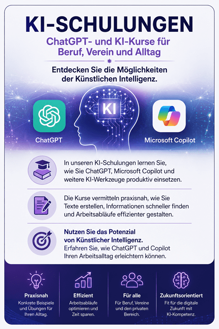 Infografik zu KI-Schulungen mit ChatGPT und Microsoft Copilot. Praxisnahe Kurse für Beruf, Verein und Alltag – Künstliche Intelligenz produktiv einsetzen, Arbeitsabläufe optimieren und digitale Kompetenzen aufbauen.