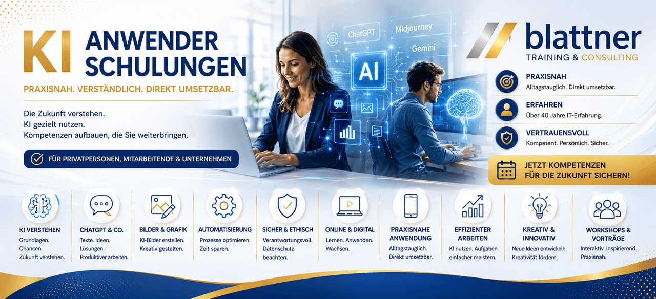 Werbebanner von „blattner TRAINING & CONSULTING“ für KI-Anwenderschulungen. Das Bild zeigt eine Frau und einen Mann, die am Laptop und PC mit künstlicher Intelligenz arbeiten, umgeben von digitalen Symbolen für ChatGPT, Midjourney und Gemini. Im unteren Bereich werden die verschiedenen Schulungsschwerpunkte und Vorteile übersichtlich in Form von Icons und Stichpunkten dargestellt.
