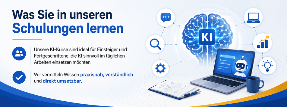 Modernes Banner zum Thema „Was Sie in unseren Schulungen lernen“. Das Motiv zeigt ein KI-Gehirn, einen KI-Assistenten auf einem Notebook sowie Symbole für Kommunikation, Recherche, Lernen, Produktivität und digitale Zusammenarbeit. Der Text erklärt, dass die KI-Kurse sowohl für Einsteiger als auch Fortgeschrittene geeignet sind, die künstliche Intelligenz sinnvoll im Arbeitsalltag einsetzen möchten. Hervorgehoben werden die Vorteile praxisnahes Lernen, verständliche Erklärungen und direkt umsetzbares Wissen. Das moderne Design in den Unternehmensfarben Blau, Gold und Weiss vermittelt Kompetenz, Innovation und praxisorientierte Weiterbildung.