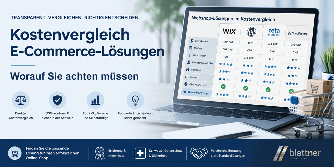 Kostenvergleich verschiedener E-Commerce-Lösungen mit Laptop, Vergleichstabelle und Symbolen für Kosten, Datenschutz, Funktionen und Beratung – modernes Banner für Webshop-Entscheidungen von Blattner Consulting.