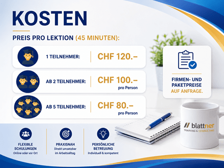 Infografik mit den Kosten für Schulungen: CHF 120.– pro Lektion für eine Person, CHF 100.– pro Person ab zwei Teilnehmenden und CHF 80.– pro Person ab fünf Teilnehmenden sowie Firmen- und Paketpreise auf Anfrage.