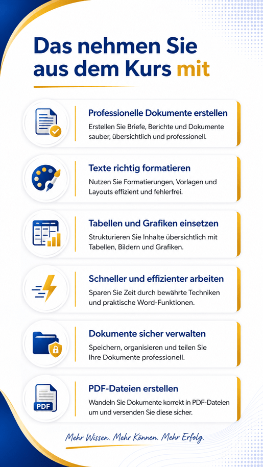 Infografik zum Microsoft Word Grundlagenkurs mit den wichtigsten Lernergebnissen: Dokumente professionell erstellen, Texte formatieren, Tabellen und Bilder einsetzen, effizient arbeiten, Dokumente verwalten und PDF-Dateien erstellen.