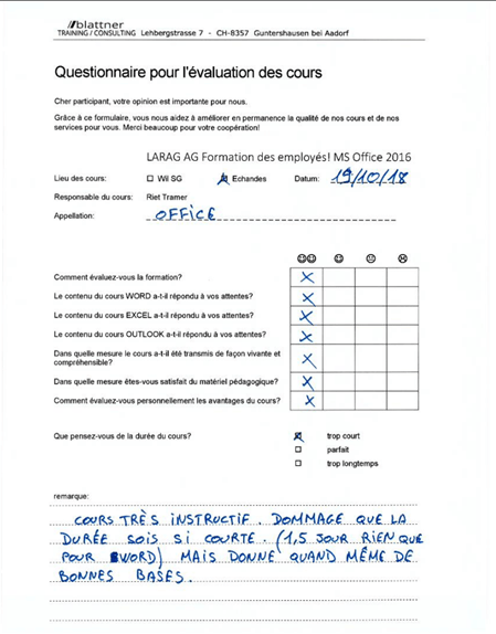 Larag AG Échandens – Word, Excel und Outlook Schulungen Französisch – Kursbeurteilung unseres Kursleiters Riet Tramer