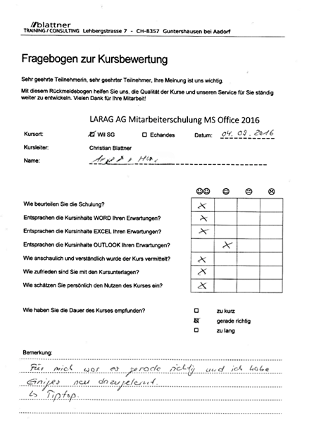 Larag AG Wil SG – Word, Excel und Outlook Schulungen – Kursbeurteilung Kursleiters Christian Blattner