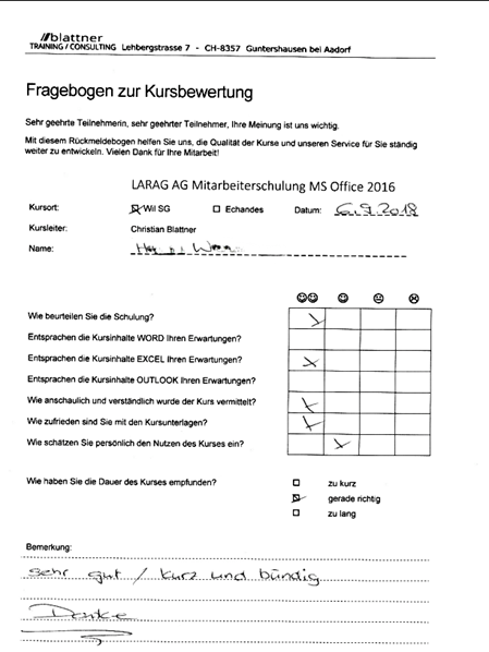 Larag AG Wil SG – Word, Excel und Outlook Schulungen – Kursbeurteilung Kursleiters Christian Blattner