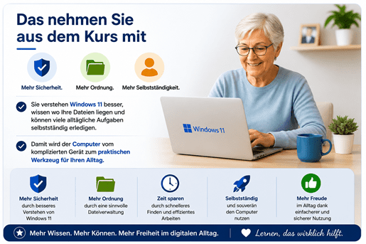 Infografik „Das nehmen Sie aus dem Kurs mit“ mit einer älteren Teilnehmerin am Windows-11-Laptop. Dargestellt werden die wichtigsten Vorteile des Kurses: mehr Sicherheit, mehr Ordnung und mehr Selbstständigkeit. Die Grafik zeigt, dass Teilnehmende Windows 11 besser verstehen, ihre Dateien leichter finden und alltägliche Aufgaben selbstständig erledigen können. Weitere Vorteile sind Zeitersparnis, souveräneres Arbeiten und mehr Freude im digitalen Alltag.