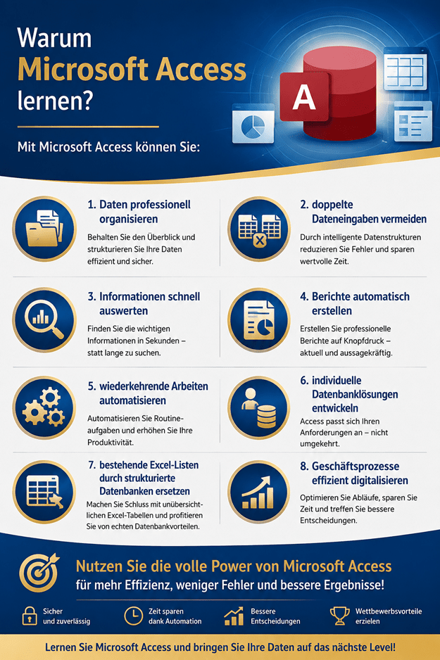 Microsoft Access Kurs – Daten professionell verwalten und auswerten. Infografik im blau-goldenen Design mit den Themen Datenbanken planen, Daten effizient auswerten, Formulare und Berichte erstellen, individuelle Lösungen entwickeln und Daten sicher verwalten.