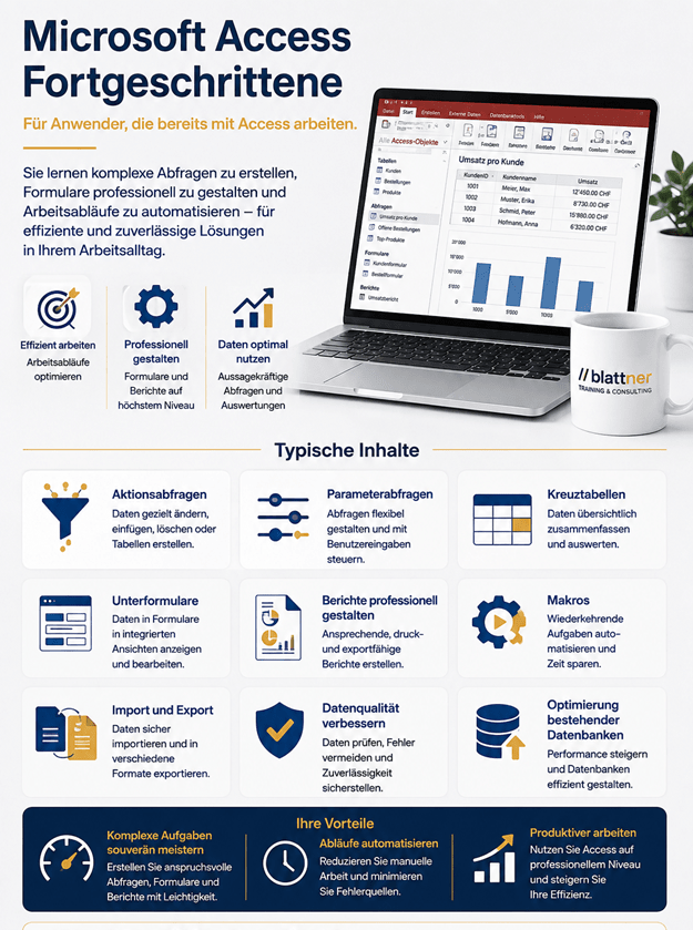 Infografik zum Kurs «Microsoft Access Fortgeschrittene» mit komplexen Abfragen, professionellen Formularen und Berichten, Automatisierung, Datenqualität und Optimierung bestehender Access-Datenbanken.