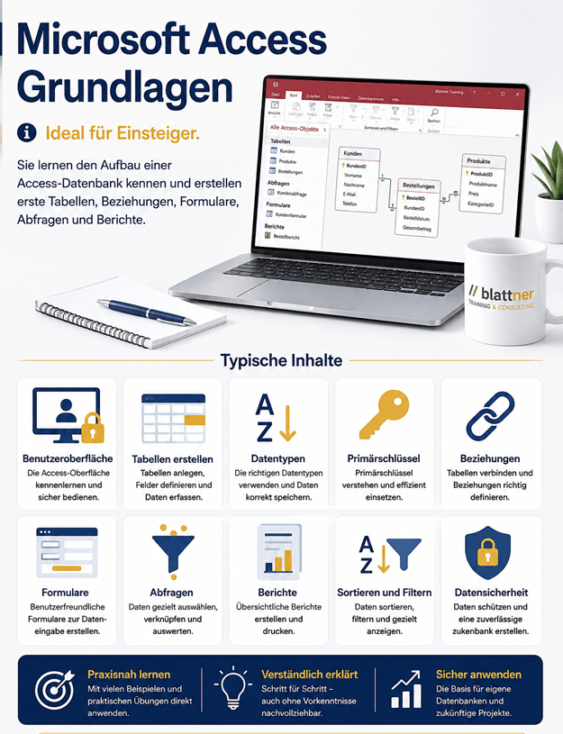 Hochformatige Infografik zum Kurs «Microsoft Access Grundlagen» von Blattner Training & Consulting. Die Grafik richtet sich insbesondere an Einsteiger und vermittelt einen Überblick über die grundlegenden Funktionen von Microsoft Access. Im oberen Bereich wird erklärt, dass die Teilnehmenden den Aufbau einer Access-Datenbank kennenlernen und erste Tabellen, Beziehungen, Formulare, Abfragen und Berichte erstellen. Ein Laptop mit Microsoft Access und einem beispielhaften Datenmodell veranschaulicht die Verbindung zwischen Kunden, Bestellungen und Produkten. Darunter werden die wichtigsten Kursinhalte in übersichtlichen Bereichen mit passenden Symbolen dargestellt: Benutzeroberfläche, Tabellen erstellen, Datentypen, Primärschlüssel, Beziehungen, Formulare, Abfragen, Berichte, Sortieren und Filtern sowie Datensicherheit. Im unteren Bereich werden die Vorteile der Schulung hervorgehoben: praxisnah lernen, verständlich erklärt und sicher anwenden. Eine abschliessende Aufforderung lädt dazu ein, mit den Microsoft-Access-Grundlagen zu starten und damit die Basis für die eigene Arbeit mit Datenbanken und zukünftige Access-Projekte zu schaffen. Die Gestaltung verwendet die Farben Blau, Weiss und Gold sowie das Branding von Blattner Training & Consulting.
