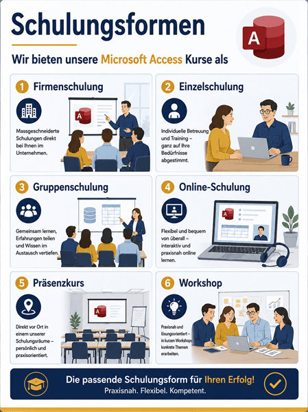 Moderne Infografik im Hochformat mit dem Titel «Schulungsformen». Die Grafik zeigt die verschiedenen Möglichkeiten, Microsoft-Access-Kurse zu absolvieren. In sechs übersichtlich gestalteten Informationsfeldern werden die Schulungsformen Firmenschulung, Einzelschulung, Gruppenschulung, Online-Schulung, Präsenzkurs und Workshop jeweils mit einer passenden Illustration und kurzen Erläuterung vorgestellt. Die Darstellungen zeigen unter anderem Schulungen im Unternehmen, individuelles Coaching, Gruppenunterricht, Online-Lernen per Videokonferenz, Unterricht im Schulungsraum sowie praxisorientierte Workshops. Im oberen Bereich befindet sich das Microsoft-Access-Logo als Hinweis auf den Themenbereich. Eine dunkelblaue Fussleiste fasst den Nutzen zusammen: «Die passende Schulungsform für Ihren Erfolg!» sowie «Praxisnah. Flexibel. Kompetent.». Die Infografik vermittelt einen schnellen Überblick über die unterschiedlichen Schulungsangebote und unterstützt Interessierte dabei, die passende Lernform für ihre Bedürfnisse auszuwählen.