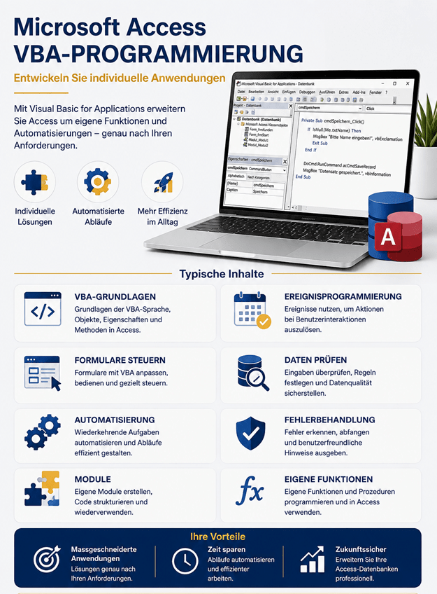 Hochformatige Infografik zum Kurs «Microsoft Access VBA-Programmierung – Entwickeln Sie individuelle Anwendungen» von Blattner Training & Consulting. Die Grafik zeigt, wie Microsoft Access mit Visual Basic for Applications (VBA) um eigene Funktionen, individuelle Anwendungen und automatisierte Abläufe erweitert werden kann. Im oberen Bereich wird die VBA-Programmierung mit einem Notebook und dem Microsoft Visual Basic for Applications Editor veranschaulicht. Auf dem Bildschirm ist beispielhafter VBA-Code für eine Access-Anwendung zu sehen. Ergänzend werden die Vorteile individuelle Lösungen, automatisierte Abläufe und mehr Effizienz im Alltag hervorgehoben. Der Bereich «Typische Inhalte» stellt die zentralen Kursinhalte übersichtlich dar: VBA-Grundlagen, Ereignisprogrammierung, Formulare steuern, Daten prüfen, Automatisierung, Fehlerbehandlung, Module und eigene Funktionen. Die einzelnen Themen werden mit passenden Symbolen für Programmierung, Ereignisse, Formulare, Datenprüfung, Automatisierung, Sicherheit, Module und Funktionen dargestellt. Im unteren Bereich werden die Vorteile der VBA-Schulung zusammengefasst: massgeschneiderte Anwendungen, Zeit sparen durch Automatisierung und zukunftssichere Erweiterung bestehender Access-Datenbanken. Eine abschliessende Handlungsaufforderung lädt dazu ein, die eigenen Access-Kenntnisse zu erweitern und das Potenzial von VBA für individuelle Lösungen zu nutzen. Die Gestaltung verwendet das Corporate Design von Blattner Training & Consulting mit den Farben Dunkelblau, Blau, Weiss und Gold.