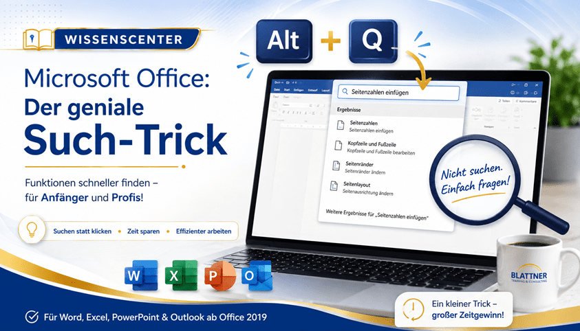 Microsoft Office Such-Trick mit der Tastenkombination Alt + Q: Laptop mit Office-Suchfeld, Word-, Excel-, PowerPoint- und Outlook-Symbolen sowie Hinweisen auf schnelleres Finden von Funktionen und Zeitersparnis.