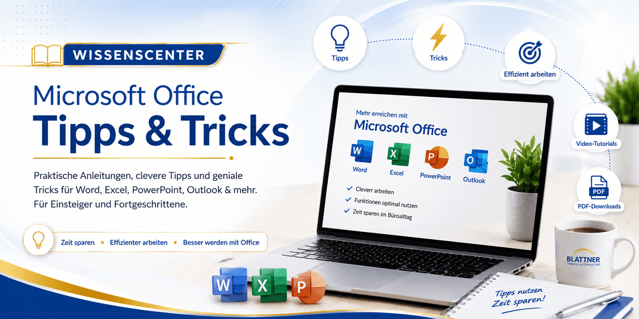 Microsoft Office Tipps & Tricks – Wissenscenter mit Laptop und Symbolen für Word, Excel, PowerPoint und Outlook sowie Hinweisen zu effizienten Arbeiten, Video-Tutorials und PDF-Anleitungen.