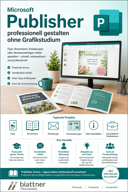 Microsoft Publisher Schulung: Hochformatige Grafik mit Microsoft-Publisher-Logo, einem Bildschirm mit einer gestalteten Einladung, Broschüren und Vereinsmagazin. Die Grafik zeigt typische Projekte wie Flyer, Broschüren, Einladungen und Vereinszeitungen sowie die Vorteile einer praxisnahen, verständlichen und persönlichen Schulung bei Blattner Training.