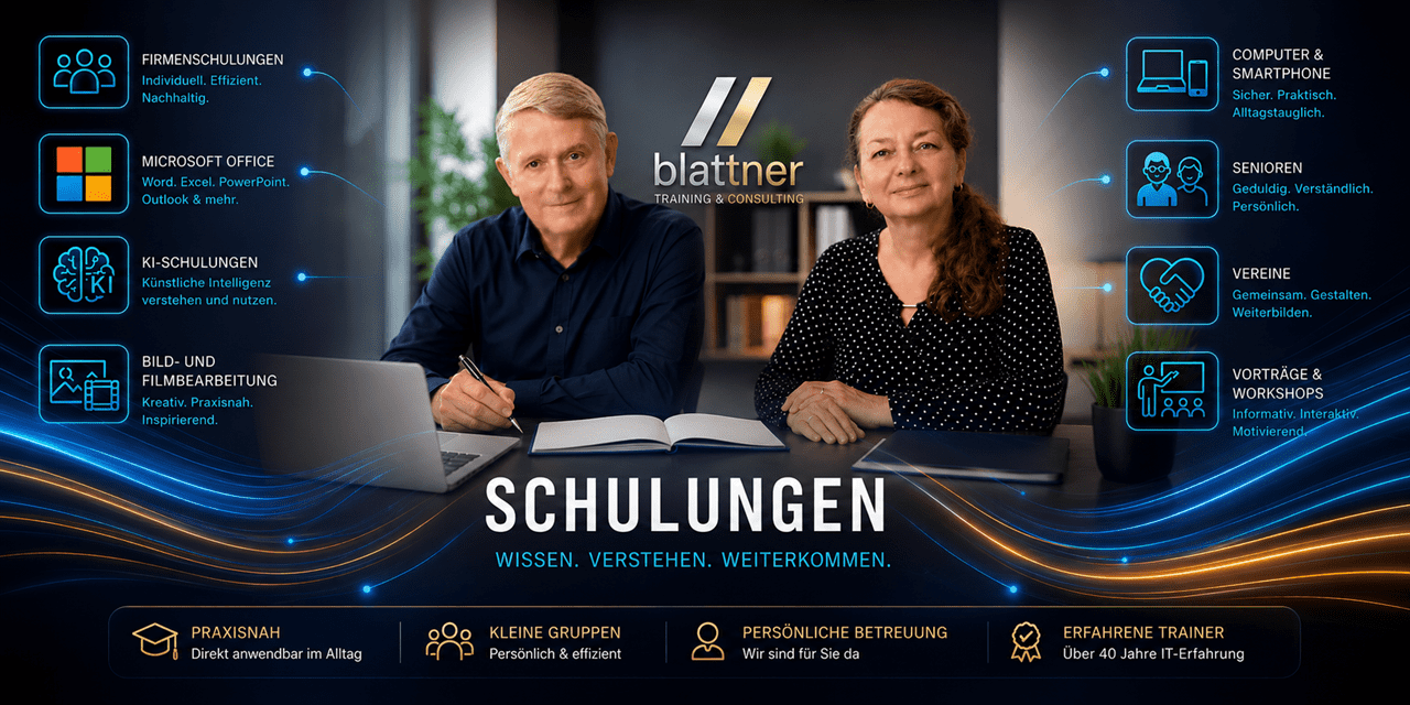Modernes Startbanner von Blattner Training & Consulting mit dem Inhaberteam im Mittelpunkt eines modernen Büros. Rund um das Team werden die Schulungsbereiche Firmenschulungen, Microsoft Office, KI-Schulungen, Bild- und Filmbearbeitung, Computer & Smartphone, Seniorenkurse, Vereine sowie Vorträge & Workshops präsentiert. Im Zentrum stehen das Blattner-Logo, der Titel „Schulungen“ und der Leitsatz „Wissen. Verstehen. Weiterkommen.“. Im unteren Bereich werden die Vorteile Praxisnah, Kleine Gruppen, Persönliche Betreuung und Erfahrene Trainer – über 40 Jahre IT-Erfahrung hervorgehoben. Moderne Lichtlinien in Blau und Gold verleihen dem Banner einen innovativen und professionellen Charakter.